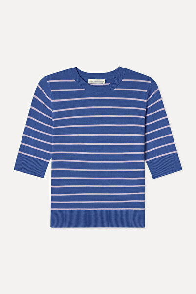 Mudo Women's Blue Striped Crew Neck Short Sleeve Knitwear Sweater