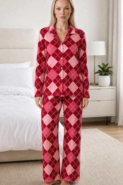 FİT WOMEN Women's Casual Flexible Loose Red Pajama Set 4668