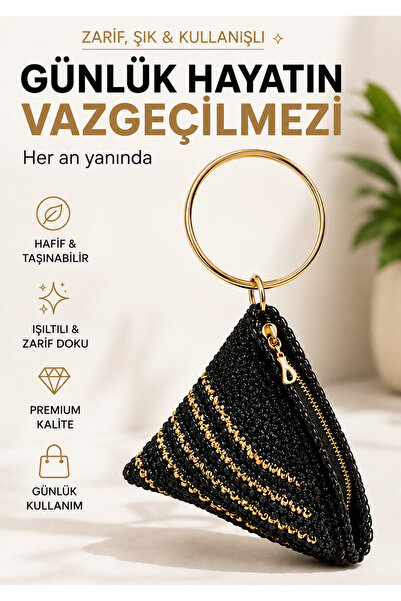 Siyah Çizgili El Örgüsü Kadın Bileklik Çanta Gold Halka Saplı Fermuarlı Mini El Çantası Şık Davet Çantası