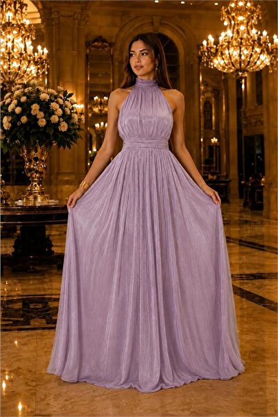 Neşeli Butik kadın lila halter yaka janjan kumaş premium abiye elbise NBMY4128