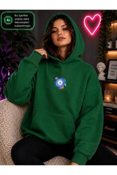 caddekombin Women's Evil Eye Bead Motif Sea Turtle Printed Hooded Kangaroo Po...