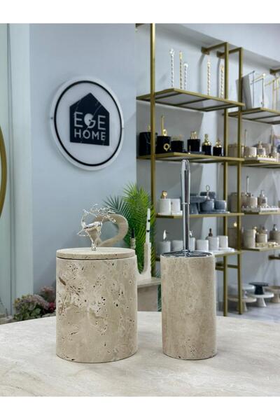 ege gross Decorative Natural Travertine Marble Trash Can / Brushed Silver Bat...