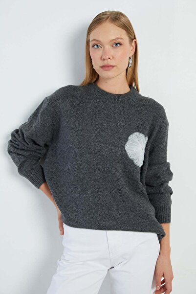 Fulla Moda Beaded Floral Embroidered Knit Sweater