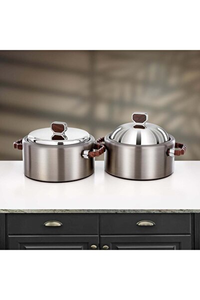 Almarjan 2 Pieces Hot Pot Set, Brushed Matt Nickel & Dark Wood