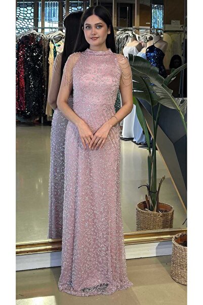 Abiyeniall Açık Rose Halter Yaka Boncuk İşlemeli Düz Kesim Pullu Boncuklu Uzu...