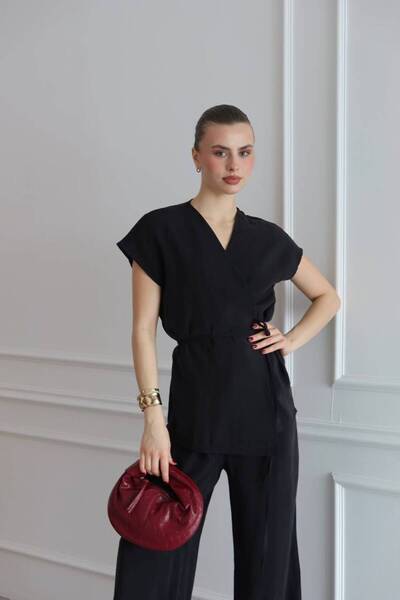 MAESTRO WOMAN Women's Black Double-Breasted Tie-Up Tencel Suit