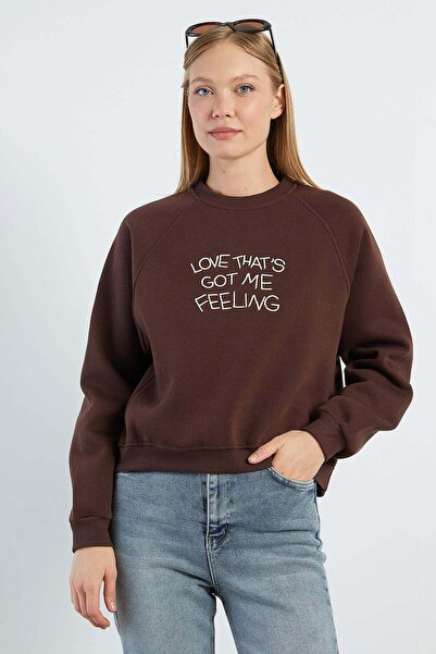 Fulla Moda 3 Thread Embroidered Lettering Raglan Sleeve Oversize Sweatshirt