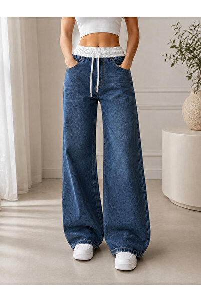 Parla Jeans Kadın Koyu Mavi Beli Lastikli Likrasız Palazzo Jean
