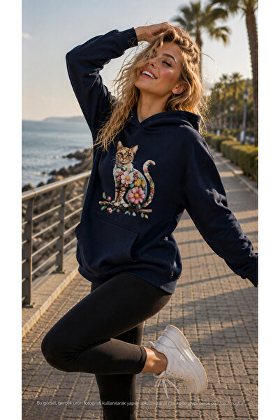 caddekombin Women's Floral Patterned Cat Printed Hooded Kangaroo Pocket Cotto...