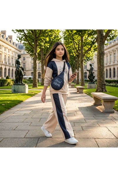 zavera for kids Girl's Denim Detailed Printed 3-Piece Set - Hooded Sweatshirt - Pants - Denim Bag