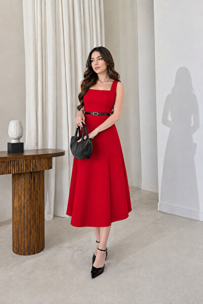 Deafox Red Strappy Square Neck Belt Detail Midi Length Crepe Fabric Dress