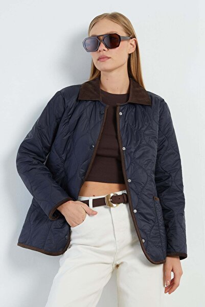 Fulla Moda Waterway Patterned Velvet Detailed Quilted Coat