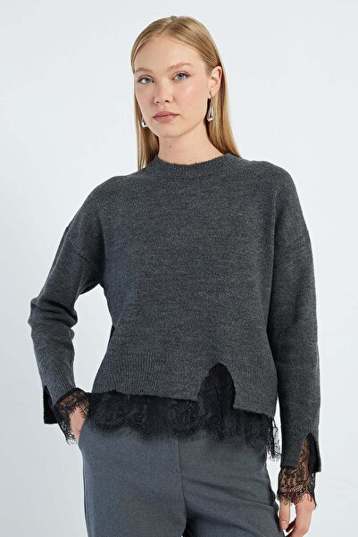 Fulla Moda Crew Neck Knit Sweater with Lace on Sleeves and Hem