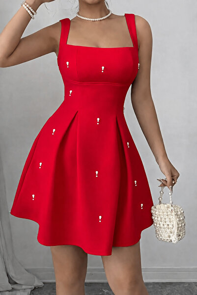 Deafox Red Square Collar Strap Dress with Pearl Detail and Pleated Crepe Fabric