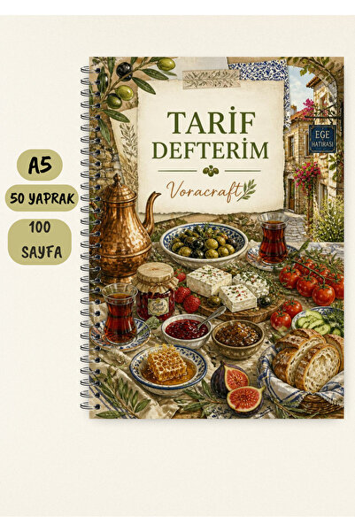 VORACRAFT Yemek Tarif Defteri, 50 Yaprak /100 Sayfa, A5 / Tel Spiral TRF0074