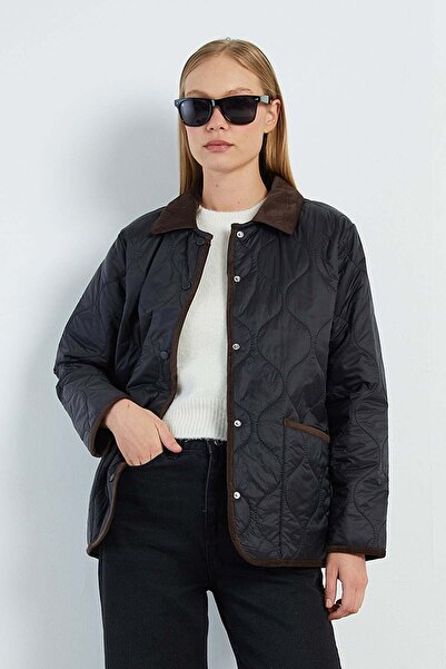 Fulla Moda Waterway Patterned Velvet Detailed Quilted Coat