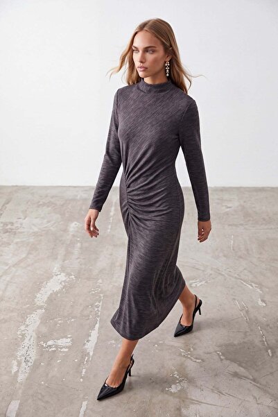Trend Alaçatı Stili High Collar Drape Detailed Midi Length Lycra Knitted Dress