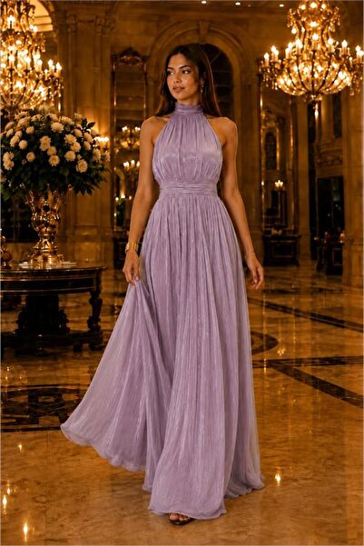 Neşeli Butik kadın lila halter yaka janjan kumaş premium abiye elbise NBMY4128
