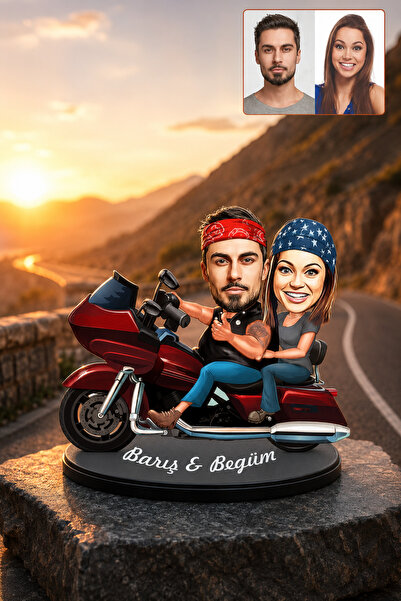 Kişiye Özel Motorcu Sevgili Karikatürlü Ahşap Biblo