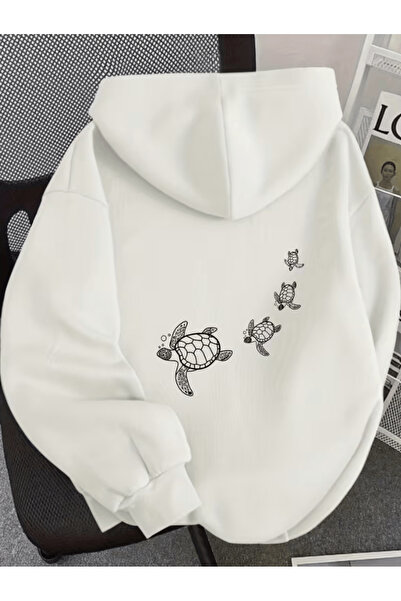 one button Cute turtle print premium oversized 3-thread soft hooded sweatshirt