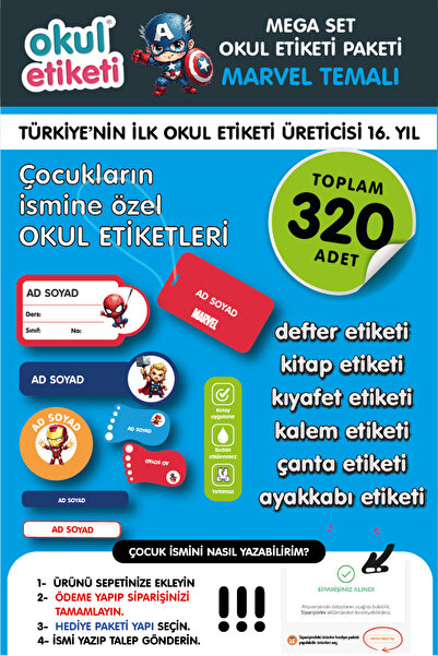 OKUL ETİKETİ BASKI MEGA MARVEL TEMALI PAKET İSME ÖZEL OKUL ETİKETİ / STICKER ...