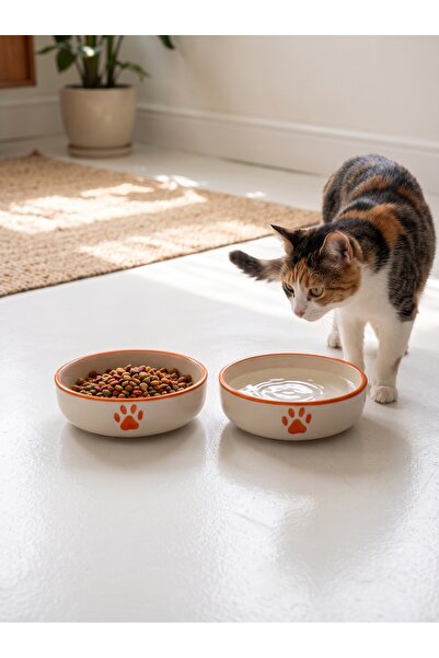 ARKHERA 2'li Set Seramik Kedi Ve Köpek Mama , Su Kabı (15Cm - 400 Ml)