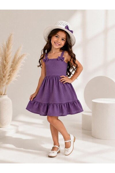 SÜSLÜ KİDS Girl's Wrinkled Fabric Bow Strap Hat Dress