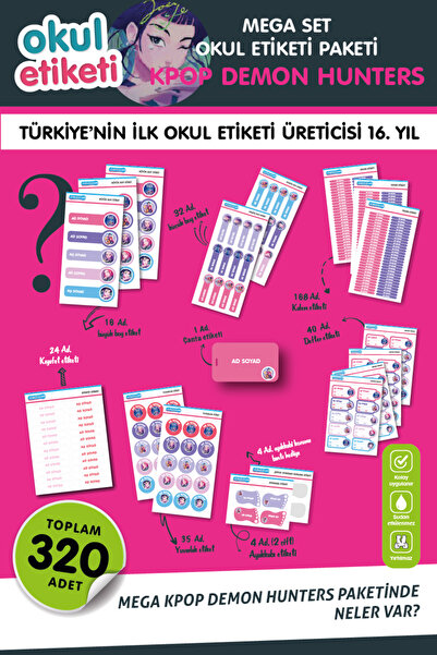 OKUL ETİKETİ BASKI MEGA KPOPDEMON TEMALI PAKET İSME ÖZEL OKUL ETİKETİ / STICK...