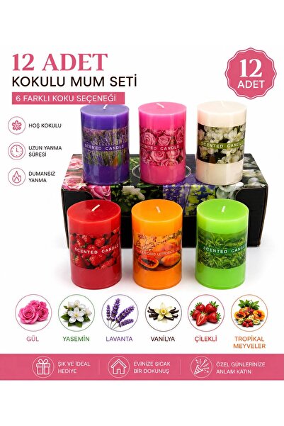 Floraglow 12’li Kokulu Mum Seti – Dekoratif Mum | 6 Farklı Koku Seçeneği
