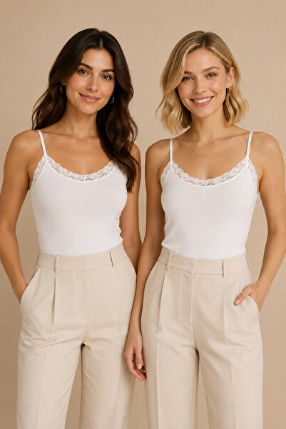 Nymora Women's Lace Detailed Thin Strap Cotton Modal Flexible Undershirt 2 Pa...
