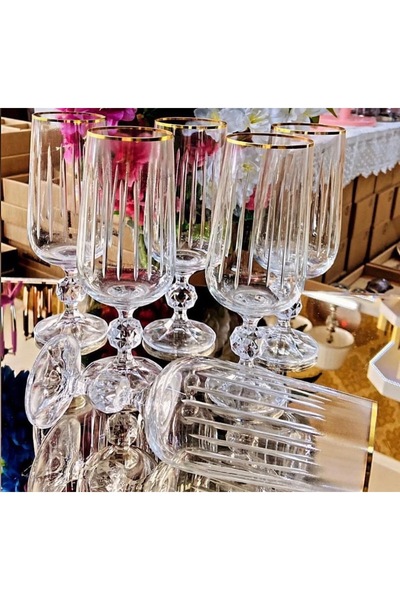 EVRA Bohemia Crystal 6 Adet Çubuk Altın Kesme Kahve Yanı Su Bardak 180ml