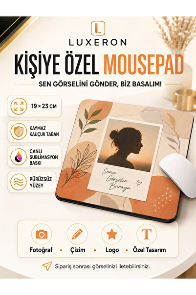 LUXERON Kişiye Özel İsim ve Fotoğraf Baskılı Mousepad 19x23 Cm Kaymaz Kauçuk ...