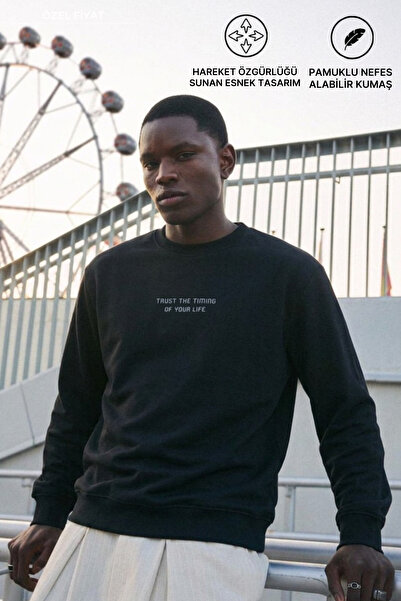 DAMGA JEANS Men's Regular Fit Printed Crew Neck Black Sweatshirt