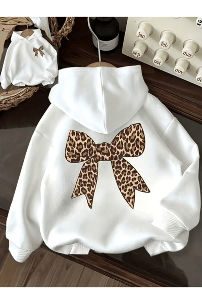 one button Премиум овърсайз мек суитшърт с качулка с леопардов принт и ленти,...