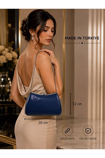 womenacs Navy Blue Color Rustic Material Design Evening Dress Clutch with Cha...