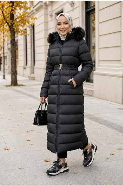 Hb Harma Time Butik Women's Hooded Belted Long Inflatable Black Coat