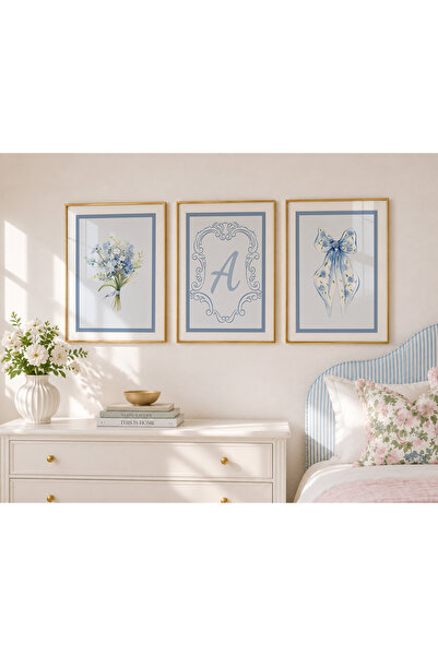 luxorpixels (Çerçevesiz) 3'lü Kişiselleştirilebilir Mavi Çiçekler Poster Seti...