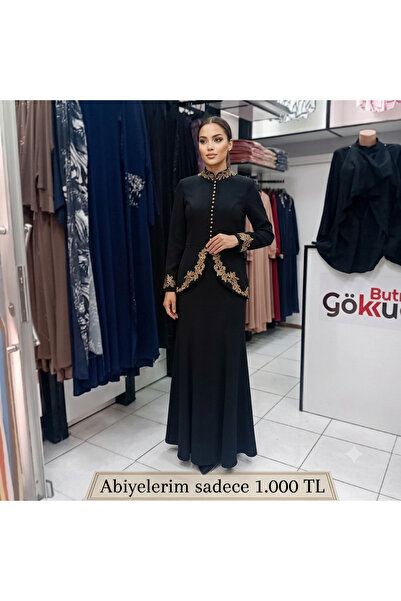 Genel Markalar Kadın Siyah Hakim Yaka Gold Nakış Işlemeli Ceketli Uzun Abiye ...