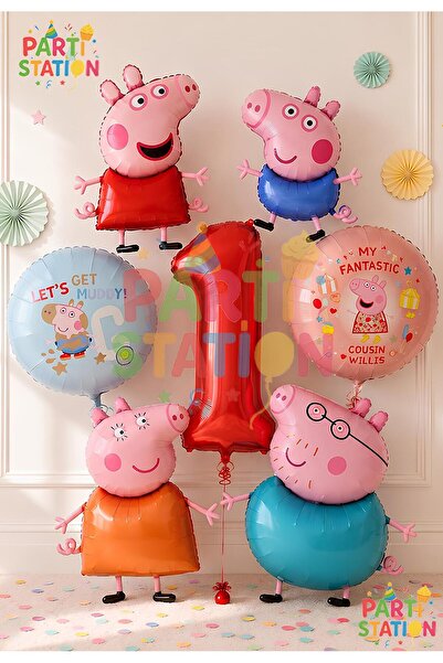 Parti Station Peppa Pig & George Themed 1 Year Old - 7 Piece Foil Balloon Set...