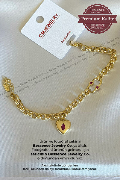 BESSENCE JEWELRY CO. CM Jew 14K Gold VIP Çelik Bileklik Bordo Taşlı Bombeli K...