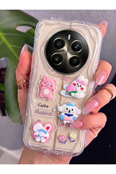 Rivor Realme 12 4G & Realme 12 Plus Uyumlu Kılıf 3D Sevimli Tavşan ve Ayıcık Figürlü Kabartmalı Dalgalı Wavy Şeffaf Kapak