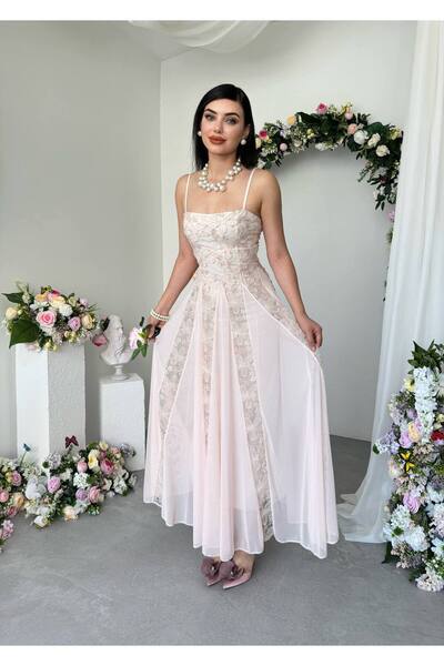 Miss Beyoğlu Women's Strappy Floral Embroidered Tulle Detail Long Dress
