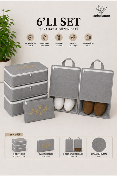umbellatum 6-Piece Suitcase Organizer Travel Set – Storage Bag and Shoe Cover