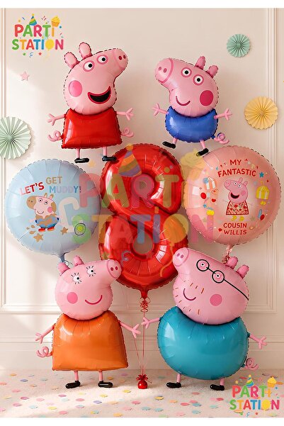 Parti Station Peppa Pig & George Themed 8 Years Old - 7 Piece Foil Balloon Se...