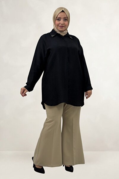 Eslina 68088 Plus Size Double Tensel Tunic with Collar Accessory Detail - Black