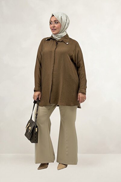 Eslina 68089 Plus Size Pearl Embellished Double Tensel Tunic - Brown