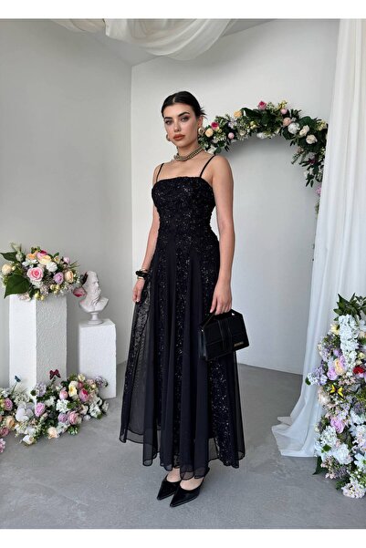 Miss Beyoğlu Women's Strappy Floral Embroidered Tulle Detail Long Dress