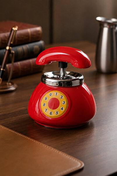 KaktüsKedi Nostaljik Telefon Tasarımlı Kokusuz Seramik Basmalı Küllük - Dekor...
