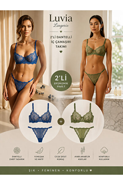 Luvia Lingerie Kadın Lacivert & Yeşil Dantelli 2’li Sütyen Külot İç Çamaşırı ...
