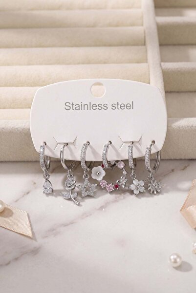 Inure Jewelry 316L Steel Silver Color Flower Detailed Women's Earring Set